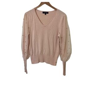 Joseph A Blush V-Neck Sweater with Sheer Embellished  pearl Sleeves Size XL